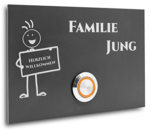 Edelstahl Klingelplatte London 008 mit Motiv Fritzchen Größe 120 X 80 X 3 mm Anthrazit RAL 7016 Pulverbeschichtet Gravur LED Taster (orange) Edelstahlklingel Haustürklingel Klingel Türklingel von Jung Edelstahl Design