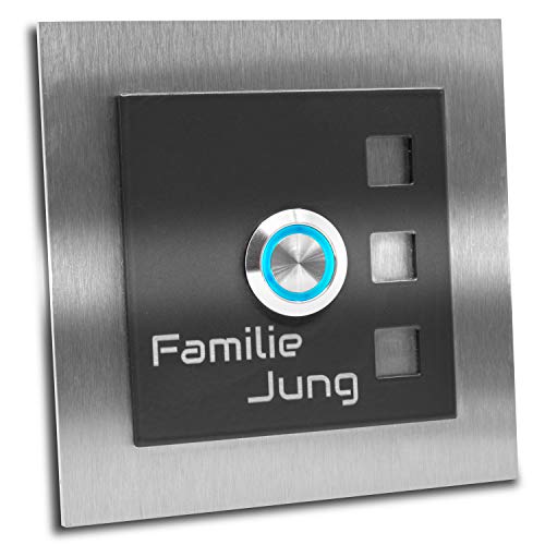 Edelstahl Türklingel „Manhattan 007" mit Gravur. Klingelplatte 10x10cm. LED Taster in (blau). Dekorplatte anthrazit RAL 7016 Pulverbeschichtet. Klingelschild aus V2A Edelstahl. von Jung Edelstahl Design