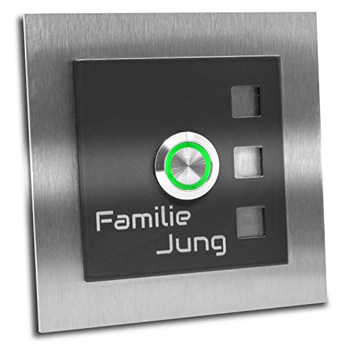 Edelstahl Türklingel „Manhattan 007" mit Gravur. Klingelplatte 10x10cm. LED Taster in (grün). Dekorplatte anthrazit RAL 7016 Pulverbeschichtet. Klingelschild aus V2A Edelstahl. von Jung Edelstahl Design