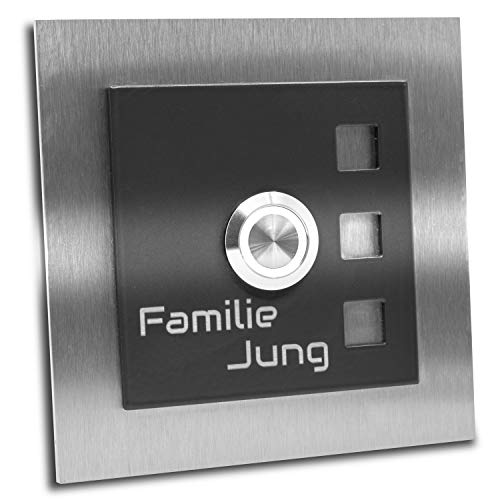 Edelstahl Türklingel „Manhattan 007" mit Gravur. Klingelplatte 10x10cm. LED Taster in (weiss). Dekorplatte anthrazit RAL 7016 Pulverbeschichtet. Klingelschild aus V2A Edelstahl. von Jung Edelstahl Design