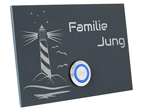 Edelstahl Türklingel London2G Motiv Leuchtturm anthrazit pulverbeschichtet (Taster blau) von Jung Edelstahl Design
