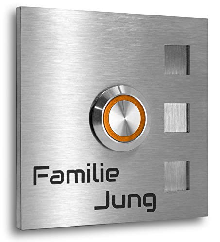 JUNG Edelstahl Design - Edelstahl Türklingel Köln Aufputz oder Unterputz - 7 X 7 cm mit LED Drucktaster - Klingel aus V2A Edelstahl geschliffen - Haustürklingel mit Gravur (LED orange) von Jung Edelstahl Design