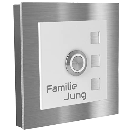 Jung-Edelstahl-Design Aufputz Edelstahl Türklingel Manhattan13AG Klingelschild 10x10 cm. Klingel kabelgebunden mit Gravur. Aufputztürklingel mit LED Klingeltaster aus Edelstahl für Ihre Haustür. von Jung Edelstahl Design