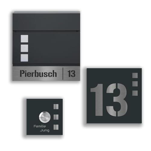Jung Edelstahl Design Briefkasten Set Köln anthrazit RAL 7016 incl. Türklingel und Hausnummer. Individuell personalisierbar von Jung Edelstahl Design
