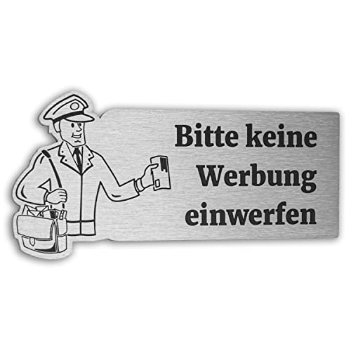 Jung-Edelstahl-Design Briefkastenschild Motiv Postbote"Bitte keine Werbung einwerfen" oder"Bitte keine kostenlosen Zeitungen einwerfen" aus V2a Edelstahl. Türschild 9x4,5 cm von Jung Edelstahl Design