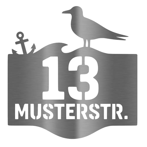 Jung Edelstahl Design – Edelstahl Hausnummer mit Möwe & Anker – personalisierbar mit Zahl & Name – wetterfestes Schild aus V2A – maritimes Design, modern, 20–50 cm (Edelstahl) von Jung Edelstahl Design