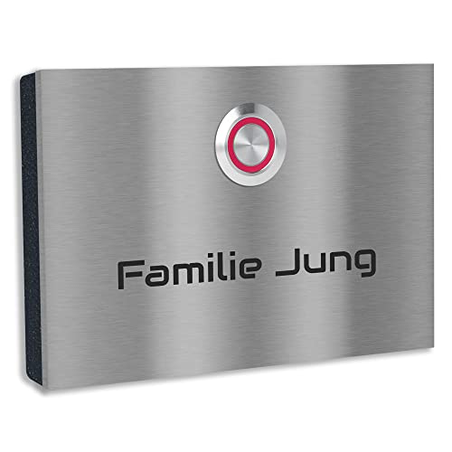 Jung Edelstahl Design Edelstahl Türklingel London 1 Klingelschild mit Gravur. Klingelplatte Aufputz oder Unterputz 12x8 cm. LED Klingeltaster in verschiedenen Farben (rot) von Jung Edelstahl Design