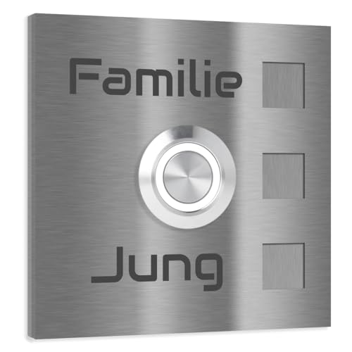 Jung Edelstahl Design - Edelstahl Türklingel Köln Aufputz oder Unterputz - 7 X 7 cm mit LED Taster - Klingel aus V2A Edelstahl geschliffen - Haustürklingel (LED weiss) von Jung Edelstahl Design