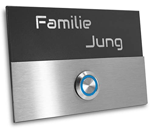 Jung Edelstahl Design - Edelstahl Türklingel Liverpool Aufputz oder Unterputz - 12X8 cm mit LED Drucktaster - Klingel aus V2A Edelstahl anthrazit pulverbeschichtet - Haustürklingel Gravur (LED blau) von Jung Edelstahl Design