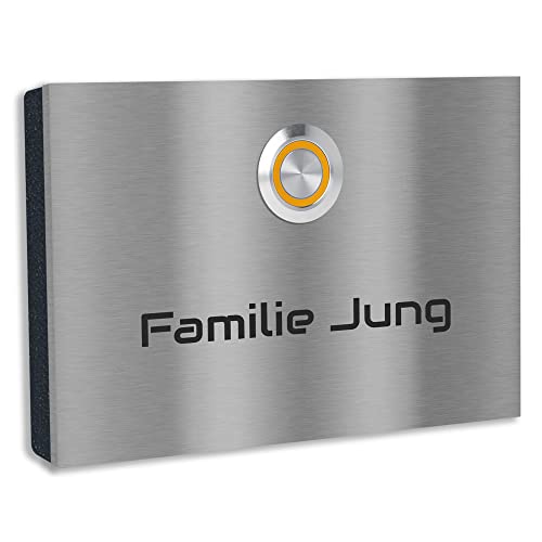 Jung Edelstahl Design Edelstahl Türklingel London 1 Klingelschild mit Gravur. Klingelplatte Aufputz oder Unterputz 12x8 cm. LED Klingeltaster in verschiedenen Farben (orange) von Jung Edelstahl Design