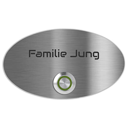 Jung Edelstahl Design Edelstahl Türklingel Rom Haustürklingel mit Gravur 14x8 cm Klingelschild oval mit LED Taster (Grün) Klingelplatte individuell personalisierbar von Jung Edelstahl Design