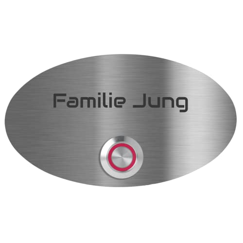 Jung Edelstahl Design Edelstahl Türklingel Rom Hautürklingel mit Gravur 14x8 cm Klingelschild oval mit LED Taster (Rot) Klingelplatte individuell personalisierbar von Jung Edelstahl Design