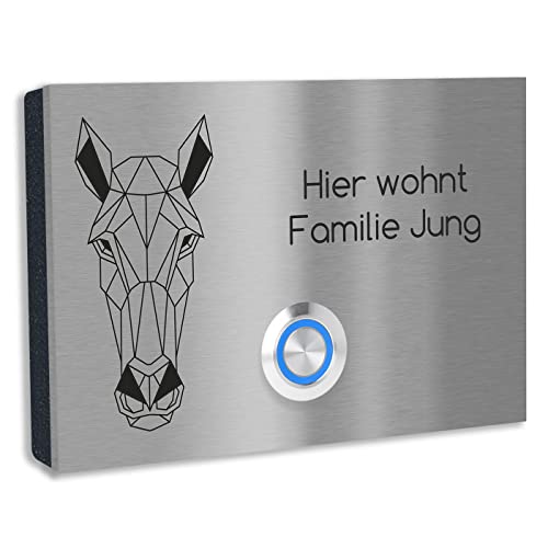 Jung-Edelstahl-Design Edelstahl Türklingel. Klingel Aufputz oder Unterputz. Klingelplatte 12x8 cm. Klingelschild mit Gravur Klingeltaster LED blau London1G Motiv Pferd von Jung Edelstahl Design