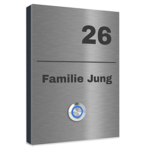 Jung-Edelstahl-Design Edelstahl Türklingel. Klingel Aufputz oder Unterputz. Klingelplatte 17x12 cm. Klingelschild mit Gravur Klingeltaster LED Trier 1G von Jung Edelstahl Design