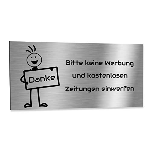 Jung Edelstahl Design Edelstahlschild Bitte keine Werbung und kostenlosen Zeitungen einwerfen in verschiedenen Größen 80X35 mm, 90x45 mm, 120x40 mm und 120x80 mm von Jung Edelstahl Design