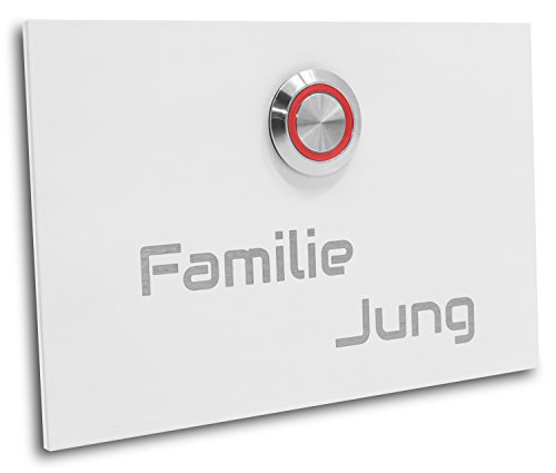 Jung-Edelstahl-Design Klingelplatte London 003 Größe 120 X 80 X 3 mm weiß RAL 9016 Pulverbeschichtet Gravur unten LED Taster (rot) Edelstahlklingel Haustürklingel Klingel Türklingel von Jung Edelstahl Design