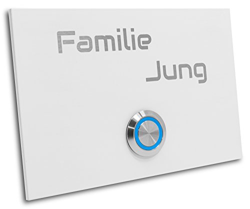 Jung-Edelstahl-Design Klingelplatte London 004 Größe 120 X 80 X 3 mm weiß RAL 9016 Pulverbeschichtet Gravur LED Taster (blau) Edelstahlklingel Haustürklingel Klingel Türklingel von Jung Edelstahl Design