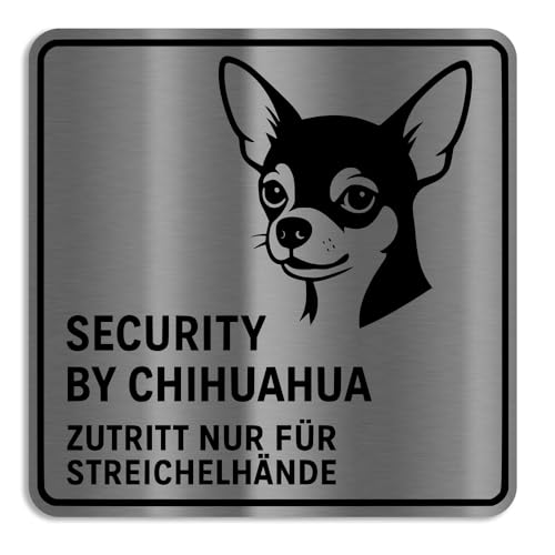 Jung Edelstahl Design Security by Chihuahua – Graviertes V2A‑Edelstahlschild mit Biss (Edelstahl, 15 X 15 cm) von Jung Edelstahl Design