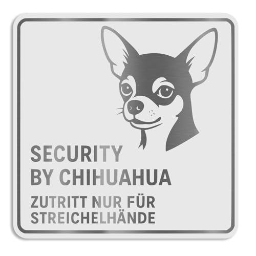 Jung Edelstahl Design Security by Chihuahua – Graviertes V2A‑Edelstahlschild mit Biss (Weiß, 15 X 15 cm) von Jung Edelstahl Design