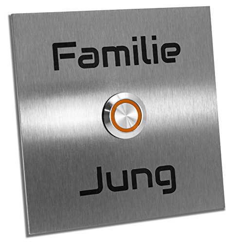 Jung-Edelstahl-Design Türklingel "Bochum" mit Gravur. Klingelplatte verschiedene Größen. Led Taster (orange). Klingelschild aus V2a Edelstahl. von Jung Edelstahl Design