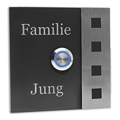 Jung Edelstahl Design Türklingel Chicago Klingelschild 10x10 cm mit Gravur LED blau von Jung Edelstahl Design