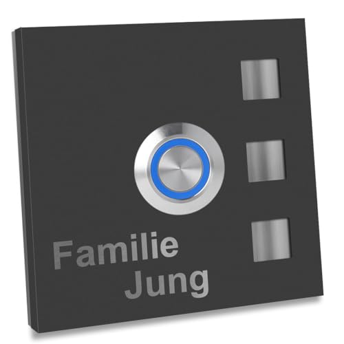 Jung-Edelstahl-Design Türklingel mit Gravur anthrazit Ral7016 pulverbeschichtet. Haustürklingel 70x70 mm Klingel Taster Led blau Klingelplatte Köln von Jung Edelstahl Design