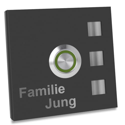 Jung-Edelstahl-Design Türklingel mit Gravur anthrazit Ral7016 pulverbeschichtet. Haustürklingel 70x70 mm Klingel Taster Led grün Klingelplatte Köln von Jung Edelstahl Design