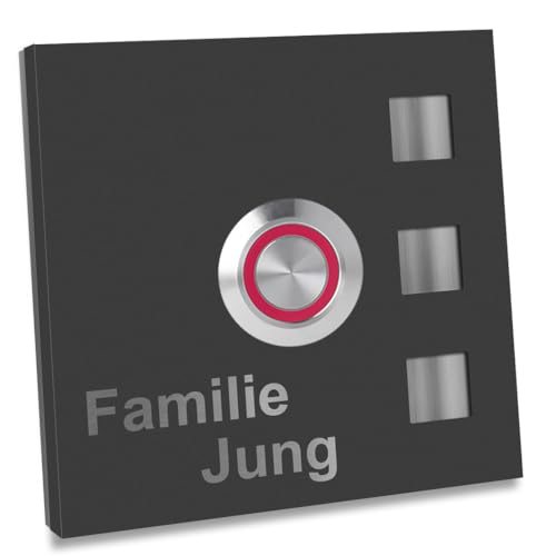 Jung-Edelstahl-Design Türklingel mit Gravur anthrazit Ral7016 pulverbeschichtet. Haustürklingel 70x70 mm Klingel Taster Led rot Klingelplatte Köln von Jung Edelstahl Design