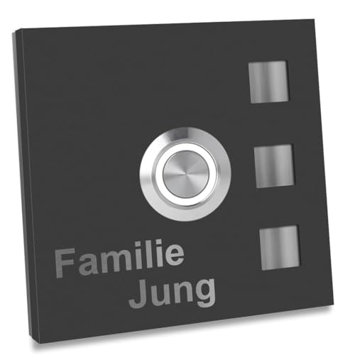 Jung-Edelstahl-Design Türklingel mit Gravur. Klingelschild ist anthrazit Ral7016 pulverbeschichtet. Haustürklingel 70x70 mm Klingel Taster Led weiß Klingelplatte Köln von Jung Edelstahl Design