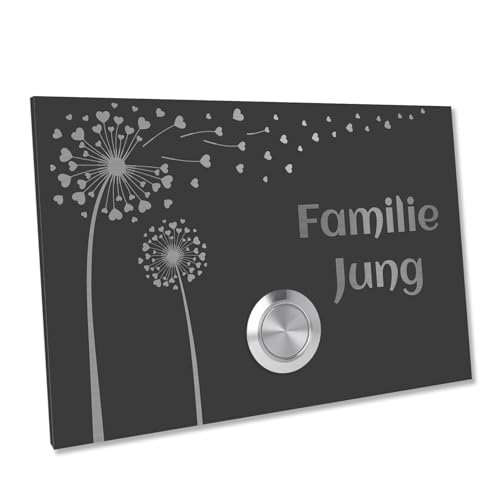 Jung Edelstahl Design Türklingel London 2 anthrazit RAL7016 pulverbeschichtet | Motiv Pusteblume Klingelschild 12 X 8 cm | Haustürklingel V2A Edelstahl LED Taster (ohne LED) von Jung Edelstahl Design