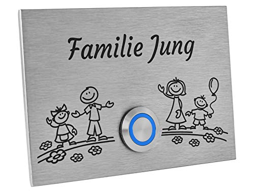 Jung-Edelstahl-Design Türklingel London1G Motiv Familie 4. Klingelplatte 12x8 cm. Klingelschild mit Gravur (LED blau) von Jung Edelstahl Design