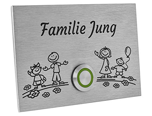 Jung-Edelstahl-Design Türklingel London1G Motiv Familie 4. Klingelplatte 12x8 cm. Klingelschild mit Gravur (LED grün) von Jung Edelstahl Design