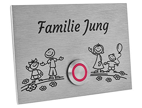 Jung-Edelstahl-Design Türklingel London1G Motiv Familie 4. Klingelplatte 12x8 cm. Klingelschild mit Gravur (LED rot) von Jung Edelstahl Design