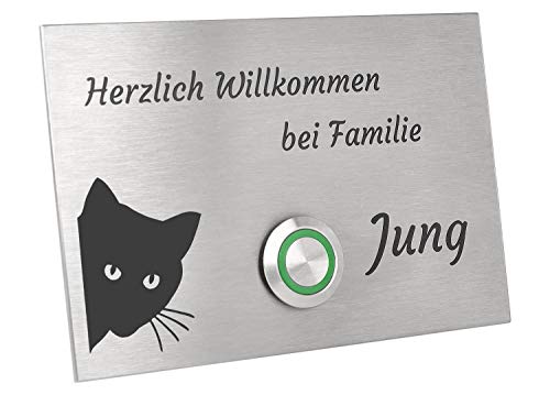 Jung-Edelstahl-Design Türklingel London1G Motiv Katze. Klingelplatte 12x8 cm. Klingelschild mit Gravur (LED grün) von Jung Edelstahl Design