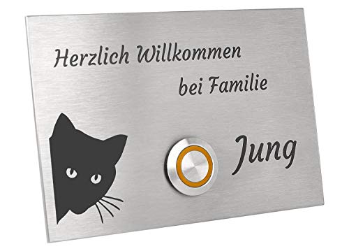 Jung-Edelstahl-Design Türklingel London1G Motiv Katze. Klingelplatte 12x8 cm. Klingelschild mit Gravur (LED orange) von Jung Edelstahl Design