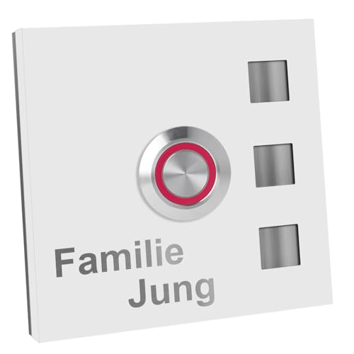 Jung-Edelstahl-Design Türklingel mit Gravur Köln Klingelplatte 7 x 7 cm. Led Taster. Weiss pulverbeschichtet Klingelschild V2a Edelstahl. (LED rot) von Jung Edelstahl Design