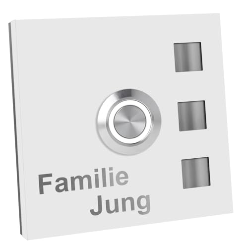 Jung-Edelstahl-Design Türklingel mit Gravur Köln Klingelplatte 7 x 7 cm. Led Taster. Weiss pulverbeschichtetes Klingelschild V2a Edelstahl. (LED weiß) von Jung Edelstahl Design