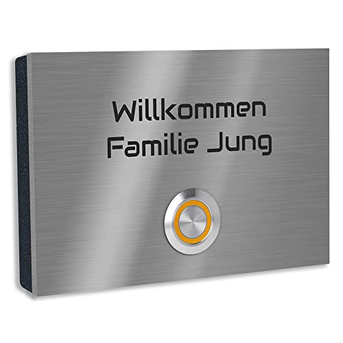 Jung Edelstahl Design Türklingel mit Gravur "London 2" Klingelplatte in verschiedenen Größen. Varianten als Aufputz oder Unterputz Klingelschild. Klingel mit LED Taster orange mit Schraubkontakten. von Jung Edelstahl Design