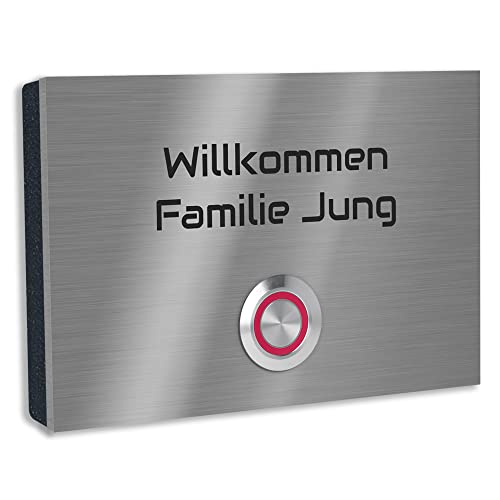 Jung Edelstahl Design Türklingel mit Gravur "London 2" Klingelplatte in verschiedenen Größen. Varianten als Aufputz oder Unterputz Klingelschild. Klingel mit LED Taster rot. und Schraubkontakten. von Jung Edelstahl Design