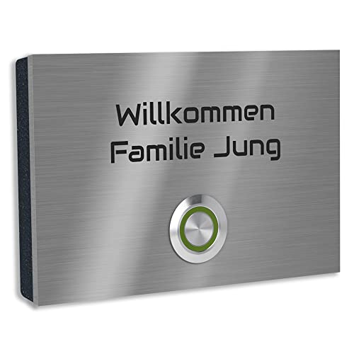 Jung Edelstahl Design Türklingel mit Gravur "London 2" Klingelplatte in verschiedenen Größen. Varianten als Aufputz oder Unterputz Klingelschild. Klingel mit Led Taster grün und Schraubkontakten. von Jung Edelstahl Design