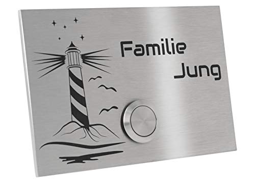 Jung-Edelstahl-Design Türklingel mit Gravur Motiv Leuchtturm. Klingelplatte 12x8 cm. Led Klingeltaster weiss. Klingelschild V2a Edelstahl. (Taster ohne LED) von Jung Edelstahl Design