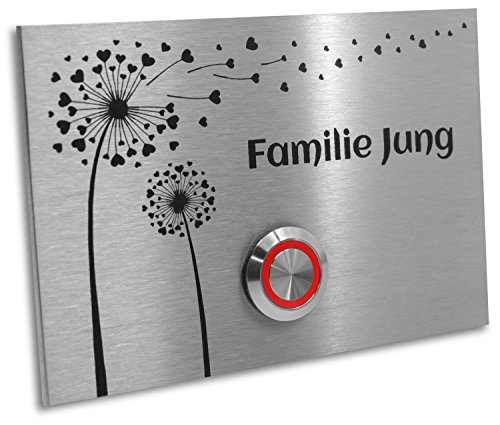 Jung-Edelstahl-Design Türklingel | Klingelschild Motiv Pusteblume. Klingelplatte 12x8 cm.| Haustürklingel V2A Edelstahl LED Taster (rot) von Jung Edelstahl Design