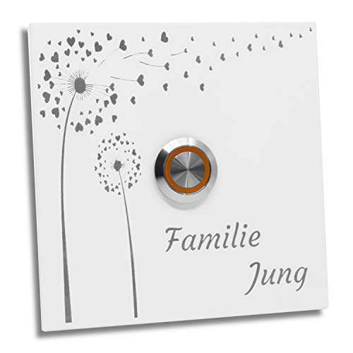 Jung-Edelstahl-Design Türklingel mit Gravur. Klingelplatte 10x10 cm. Bochum 02 weiß Pulverbeschichtet mit Motiv Blume.Klingelschild Klingel (LED orange) von Jung Edelstahl Design