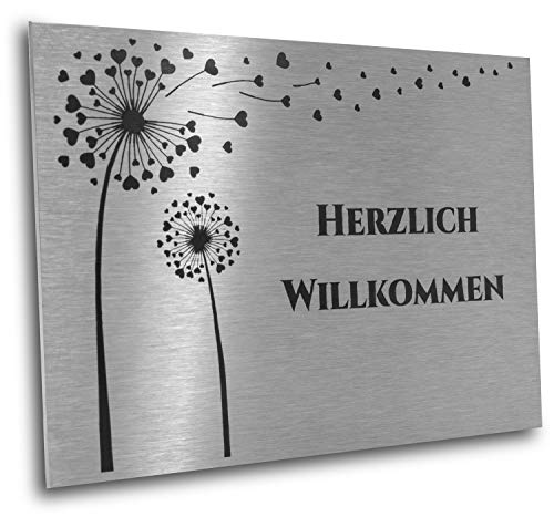 Jung Edelstahl Design Türschild V2A Edelstahl in verschiedenen Größen mit Motiv Pusteblume/Blume und Wunschtext. Ideal als Klingelschild oder für den Briefkasten als Briefkastenschild. von Jung Edelstahl Design