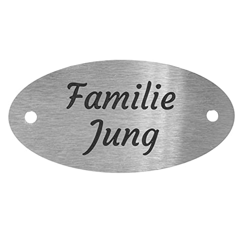 Jung Edelstahl Design Türschild oval personalisierbar. Briefkastenschild V2a Edelstahl selbstklebend oder mit Bohrlöchern (Oval 80 X 40 mm) von Jung Edelstahl Design