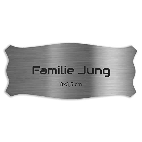 Jung Edelstahl Design Türschild verschiedene Größen und Motive personalisierbar. Briefkastenschild V2a Edelstahl selbstklebend (geschwungen 80x35 mm) von Jung Edelstahl Design