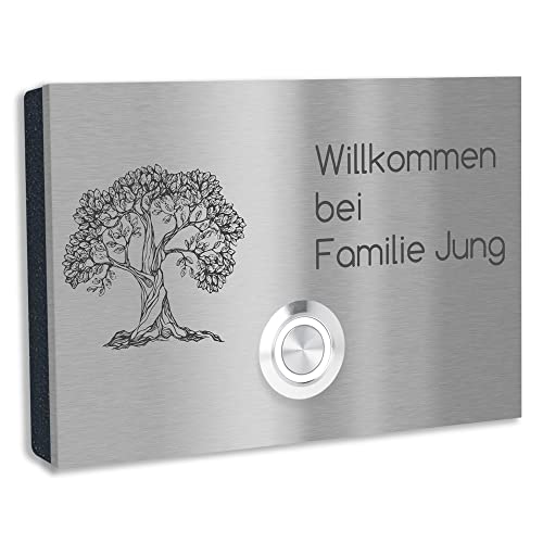 Jung-Edelstahl-Design V2A Edelstahl Türklingel London1 Motiv Baum. Klingelschild mit Gravur 12x8 cm. Led Klingeltaster. Klingelplatte Aufputz oder Unterputzmontage. von Jung Edelstahl Design