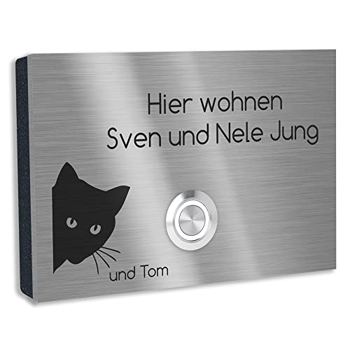 Jung-Edelstahl-Design V2A Edelstahl Türklingel London1 Motiv Katze. Klingelschild mit Gravur 12x8 cm. Led Klingeltaster. Klingelplatte Aufputz oder Unterputzmontage. von Jung Edelstahl Design