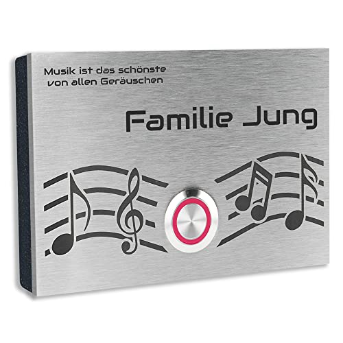 Jung-Edelstahl-Design V2A Edelstahl Türklingel London1 Motiv Musik. Klingelschild mit Gravur 12x8 cm. Led Klingeltaster. Klingelplatte Aufputz oder Unterputzmontage. von Jung Edelstahl Design