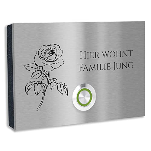 Jung-Edelstahl-Design V2A Edelstahl Türklingel London1 Motiv Rose. Klingelschild mit Gravur 12x8 cm. Led Klingeltaster. Klingelplatte Aufputz oder Unterputzmontage. von Jung Edelstahl Design